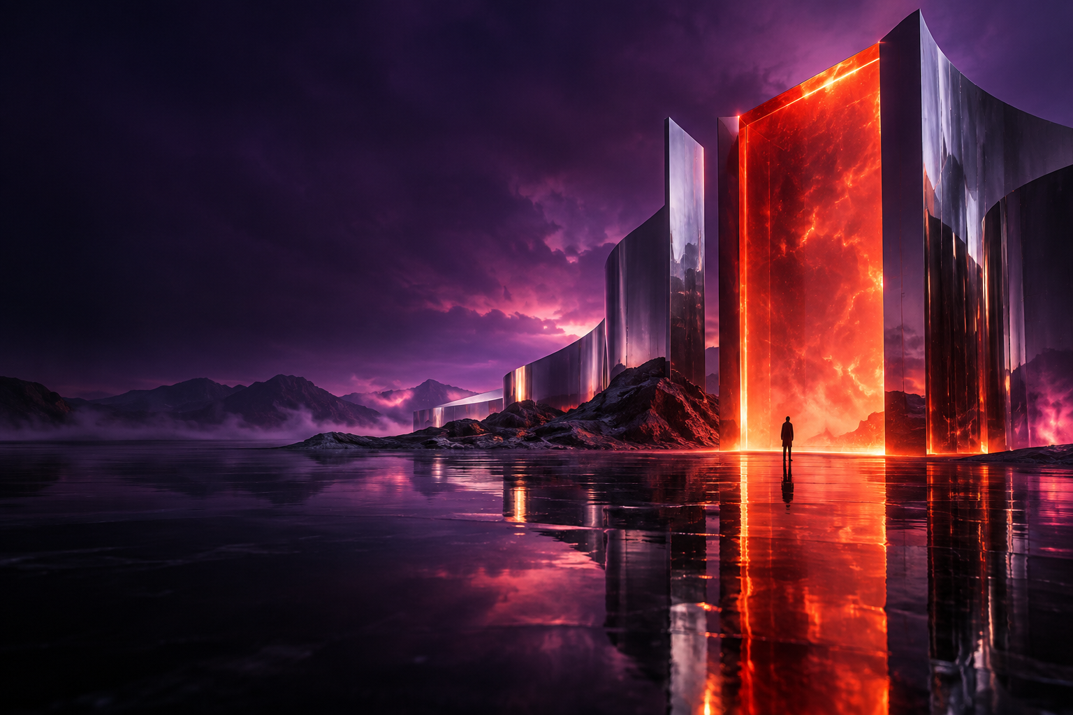 Original cinematic concept with a glowing portal and reflective architecture